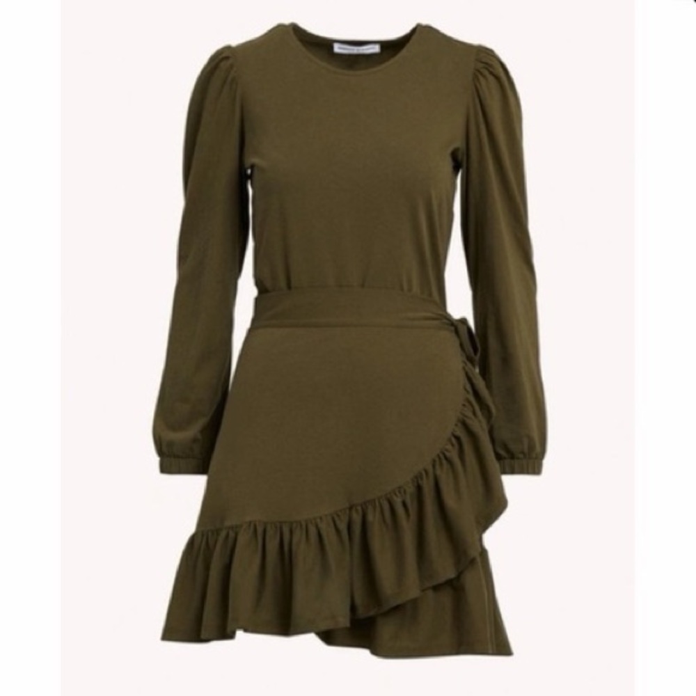 Rebecca Minkoff Olive Green Cotton Ruffle Wrap Dress Long Sleeve Size‎ L